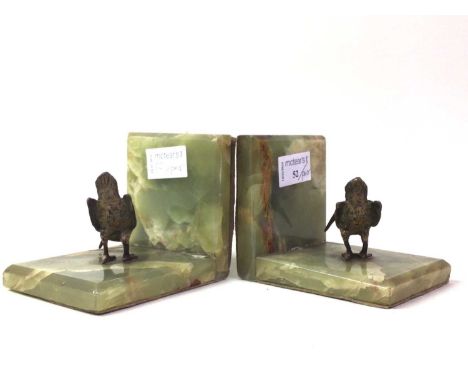 PAIR OF ONYX BOOKENDS, each fixed with bronze bird figures9.5cm high