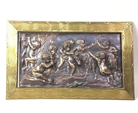 BRASS AND BRONZE WALL HANGING, ALONG WITH A BRASS CARRIAGE LAMP AND A COPPER SHIPS LAMP the wall hanging depicting a group of