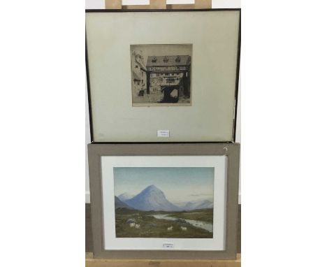 A.S STEWART, MOUNTAIN LANDSCAPE watercolour, along with another watercolour and an etchingeach mounted and framedmountain lan