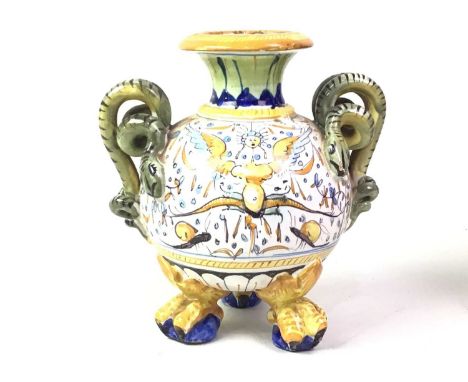 MAJOLICA VASE, on claw feet, along with a Cantagalli footed bowlvase 14cm high Qty: 2