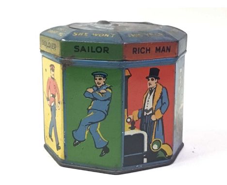 VINTAGE LIDDED TIN, ALONG WITH OTHER ITEMS the tin decorated with a sailor, soldier and rich man, along with cigarette boxes 