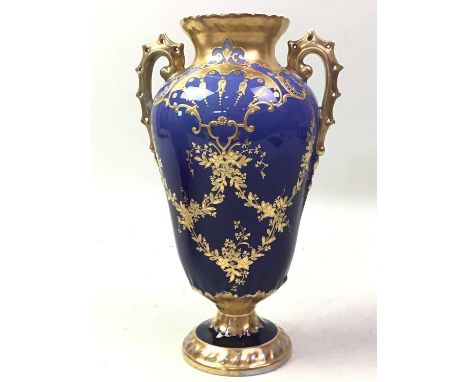 M REDON, LIMOGES TWIN HANDLED VASE, ALONG WITH A MALING VASE the Limoges vase decorated in blue and giltvase 21cm high