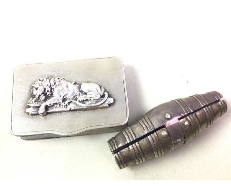 NOVELTY CORKSCREW, AND A SILVER VESTA BOX CASE tested as silver, though unmarked, of barrel shaped form, along with continent