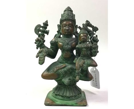 INDIAN BRONZE GODDESS GROUP, AND BROWN LEATHER TRAVEL BAG  the group modelled as Vishnufigure  18.5cm high Qty: 2
