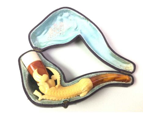 VICTORIAN MEERSCHAUM PIPE, AND AN AGATE BRACELET the pipe modelled as a claw, in original fitted case, the bracelet set with 