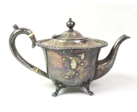 SILVER PLATED TEA SERVICE, AND OTHER PLATED ITEMS  comprising a teapot, cream and sugar, along with a wine slide, two sugar c