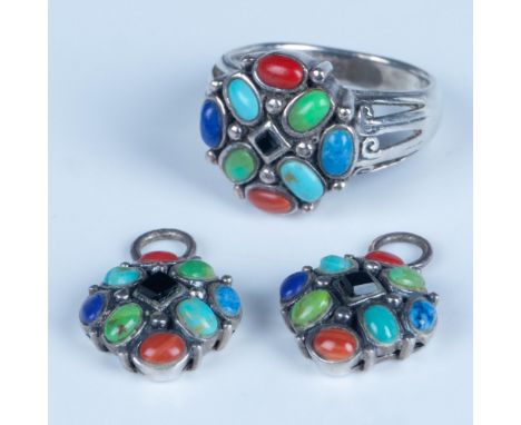 Beautiful Southwestern Native American sterling silver ring and pendant charms set with turquoise, onyx, gaspeite, coral, and
