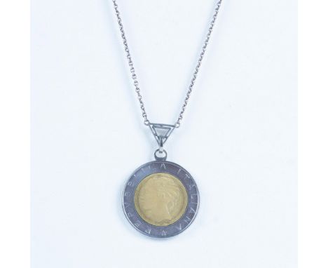 This necklace features a 1982 500 Italian Lira Coin hanging from a sterling silver chain. Sterling stamp on the spring ring c