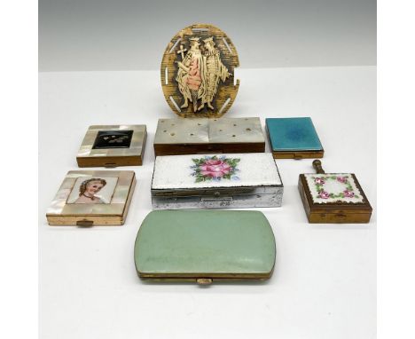 Lot includes resin scarf holder with raised design, rectangle gold toned metal case with mother of pearl, rectangle silver to