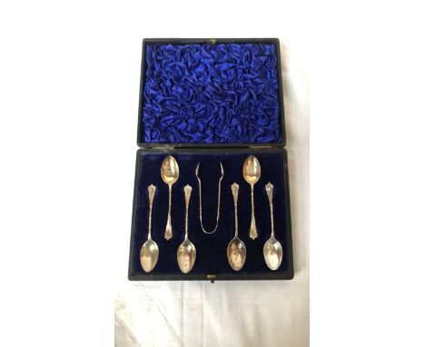  Sale Item:    CASED 6 SILVER SPOONS &amp; TONGS   Vat Status:   No Vat   Buyers Premium:  This lot is subject to a Buyers Pr