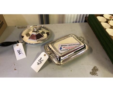  Sale Item:    SILVER PLATED SERVING DISH &amp; FLAMBEE PAN  Vat Status:   No Vat   Buyers Premium:  This lot is subject to a