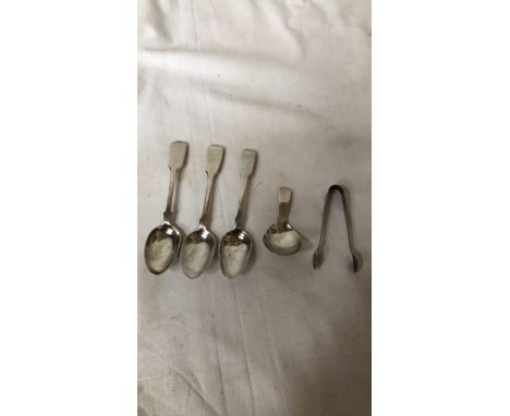  Sale Item:    BOX 4 SILVER SPOONS &amp; TONGS   Vat Status:   No Vat   Buyers Premium:  This lot is subject to a Buyers Prem