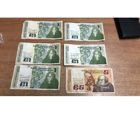  Sale Item:    5 x £1 NOTES &amp; 1 x £5 NOTE CENTRAL BANK IRELAND (AF)  Vat Status:   No Vat   Buyers Premium:  This lot is 