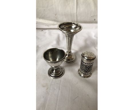  Sale Item:    BOX SILVER SALT POT EGG CUP &amp; VASE  Vat Status:   No Vat   Buyers Premium:  This lot is subject to a Buyer