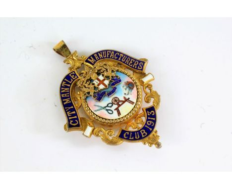 Silver and enamel "City Mantle Manufacturers Club 1913" pendant, London 1954, maker CW&amp;Ss, with central depiction of a pa