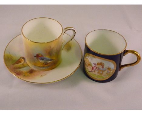ROYAL WORCESTER CUP & SAUCER : TEAL CUP UNSIGNED, SAUCER GOLDEN PLOVER SIG G BANKS & COFFEE CAN UNSIGNED IN BLUE WITH PANEL O