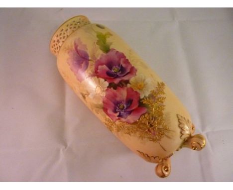 ROYAL WORCESTER CYLINDRICAL VASE, SHAPE NUMBER G42, ON 4 SCROLL MOULDED FEET WITH PIERCED RIM, PAINTED WITH FLOWERS AND APPLI