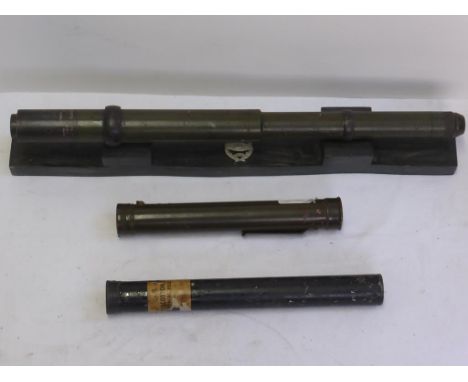 WWII ERA TANK TELESCOPE/ GUN SIGHT, M70 1943, WITH STAND FOR DISPLAY, GUN COTTON TUBE AND A WWII ARMY TORCH