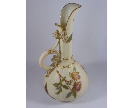 ROYAL WORCESTER FLUTED EWER WITH BIRD AND FLORAL DECORATION, APPROX. 21.5 cm, SHAPE NUMBER 1143