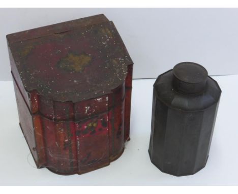 2 NOVELTY TINS IN THE FORM OF A SHERATON STYLE KNIFE BOX AND VICTORIAN TEA CADDY