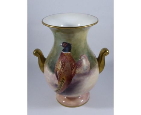 PORCELAIN VASE IN THE WORCESTER STYLE DECORATED WITH PHEASANTS AND SIGNED CHRISTOPHER HUGHES (ROYAL WORCESTER ARTIST)
