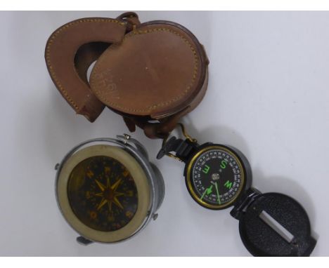 GIMBAL MOUNTED COMPASS, 'ENGINEER' COMPASS AND A WWII LEATHER COMPASS CASE