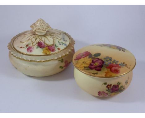 ROYAL WORCESTER BLUSH POT AND COVER WITH APPLIED DECORATION AND FINIAL (AF) FLORAL DECORATION AND ONE OTHER BLUSH POT AND COV
