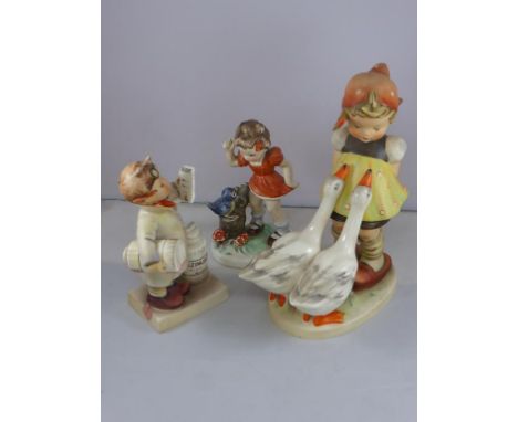 UNUSUAL HUMMEL/ GOEBEL FIGURES, GIRL WITH GEESE 47/II APPROX. 18cm, GIRL WITH BIRD, IMPRESSED 18 APPROX. 13 cm AND 'THE LITTL