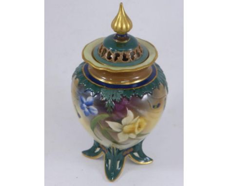 ROYAL WORCESTER POT POURRI, SHAPE 277, DAMAGE TO LID, PAINTED WITH SPRING FLOWERS IN THE HADLEY'S STYLE, APPROX. 13 cm