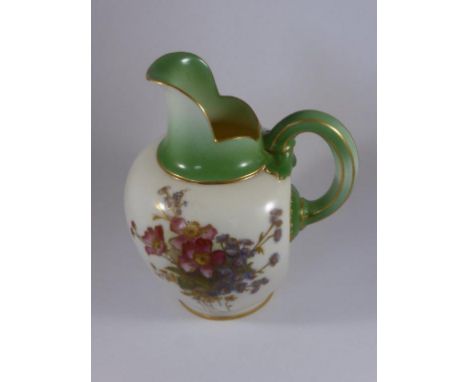 ROYAL WORCESTER FLAT BACK JUG WITH FLORAL DECORATION ON CREAM GROUND, GREEN TINTED HANDLE AND TOP, SHAPE 1094, APPROX. 14cm