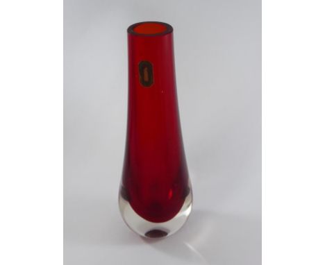 WHITEFRIARS RUBY RED GLASS VASE WITH ORIGINAL LABEL, PATTERN 9570