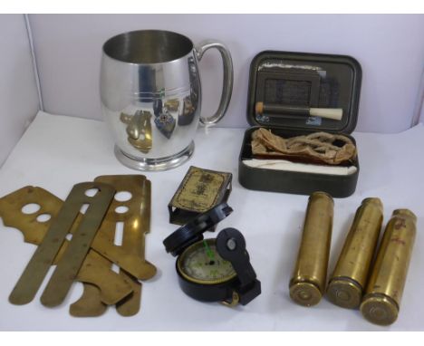 MISC. MILITARIA INC. SUSSEX REGT. CRESTED TANKARD, ARMY TIN AND CONTENTS, 3 BUTTON POLISHERS, 3 SPENT SHELLS, ENGINEER MARCHI