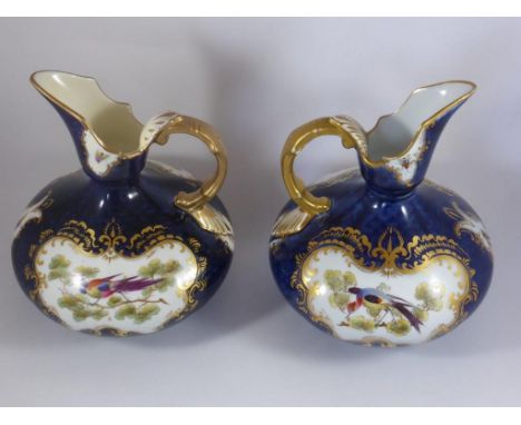 PR. ROYAL CHINA WORKS, WORCESTER, BLUE GROUND JUGS WITH EXOTIC BIRD DECORATION, 227/G, APPROX. 15 cm