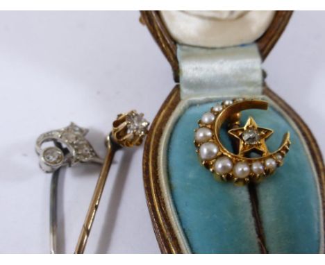 SEED PEARL AND DIAMOND CRESCENT AND STAR SET TIE PIN AND 2 OTHER DIAMOND SET PINS