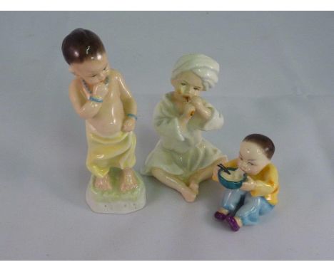 3 ROYAL WORCESTER CHILDREN OF THE WORLD FIGURES, CHINA BOY WITH FLUTE,  BURMAH, & INDIA 3071  A/F