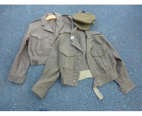 2 ARMY BATTLE DRESS JACKETS C.1940'S, OFFICERS SERVICE CAP ROYAL ARTILLERY