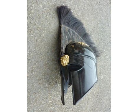 GOOD QUALITY REPRO ARMOUR HELMET, BLACK PAINTED WITH APPLIED DECORATION, COMB AND PLUME, WITH LINER