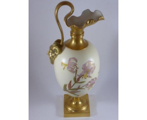 ROYAL WORCESTER FLORAL EWER AND SQUARE PEDESTAL BASK WITH SATYR MASK HANDLE, APPROX. 28 cm, SHAPE NUMBER 1144
