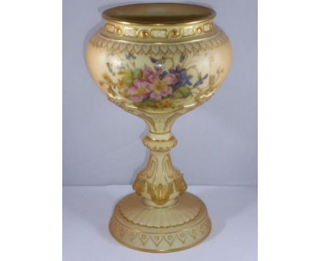 ROYAL WORCESTER BLUSH IVORY VASE OF GLOBULAR FORM ON TURNED STEM, CIRCULAR FOOT WITH MOULDED AND GILT HIGHLIGHTS AND FLORAL D