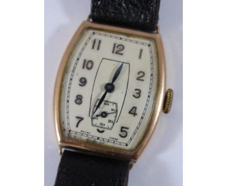 GENTS VINTAGE GOLD WATCH, ROMAN NUMERALS, SUBSIDIARY SECONDS AND LEATHER STRAP, approx. 29 x 25 mm exc.crown