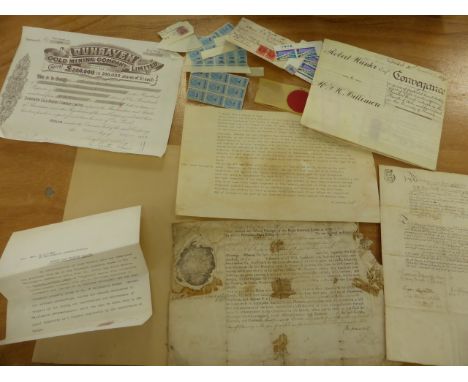 QTY. MISC. 18TH CENTURY AND OTHER LEGAL DOCUMENTS, DUNRAVEN GOLD MINING COMPANY SHARE CERTIFICATE, LAND REGISTRY STAMPS ETC.