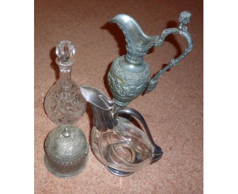 2 CLARET JUGS , ONE WITH UNUSUAL BIRD HEAD SPOUT, DECANTER & INDIAN BOWL