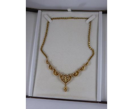 9CT GOLD AND SEED PEARL NECKLACE AND PR. SIMILAR EARRINGS
