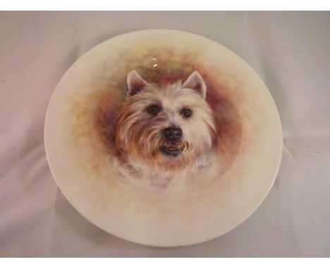 CABINET PLATE PAINTED WITH A HIGHLAND TERRIER, SIGNATURE SKERRETT EX ROYAL WORCESTER ARTIST