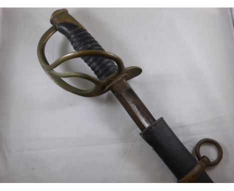 19th CENTURY US CAVALRY TROOPERS SWORD STAMPED US 1862, BRASS 3 BAR HILT, LEATHER WIRE BOUND GRIP, METAL SCABBARD,