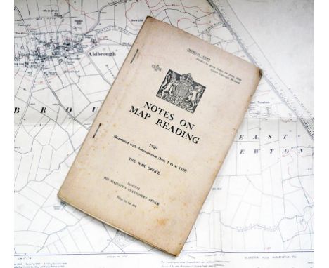 WWII MAPS AND HANDBOOK 'NOTES ON MAP READING', 7 MAPS, SOME STAMPED 193 rd COAST BATTERY RA AND WAR OFFICE INSTRUCTION MANUAL