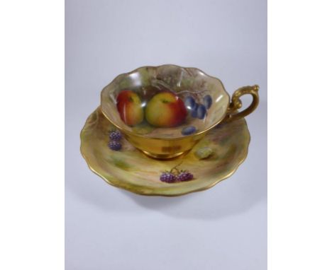 ROYAL WORCESTER CABINET CUP AND SAUCER, PAINTED FRUIT, APPLES AND BLACKBERRIES, SAUCER SIGNED E.PHILLIPS, CUP SIGNED A.SHUCK