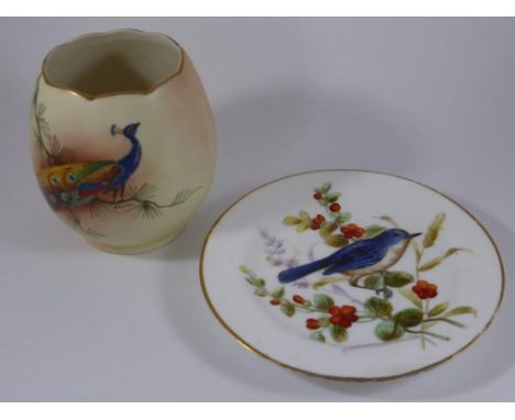 ROYAL WORCESTER BLUSH IVORY VASE WITH PEACOCK DECORATION AND PIN DISH WITH BIRD DECORATION