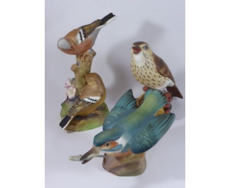 3 LARGE ROYAL WORCESTER BIRD FIGURES, KINGFISHER, THRUSH AND CHAFFINCH DOUBLE