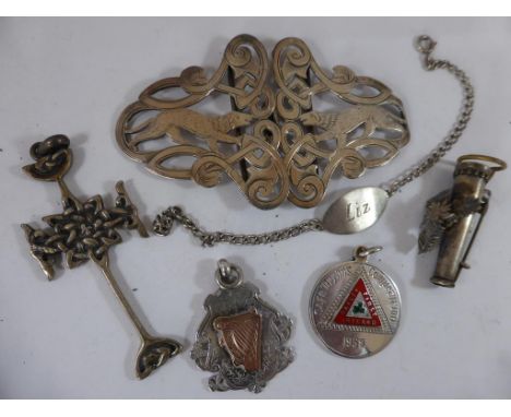 PR. BELT BUCKLES WITH PIERCED HUNTING DOG DECORATION POSSIBLY ROBERT CHANDLER BIRMINGHAM, VICTORIAN WHITE METAL POSY HOLDER, 